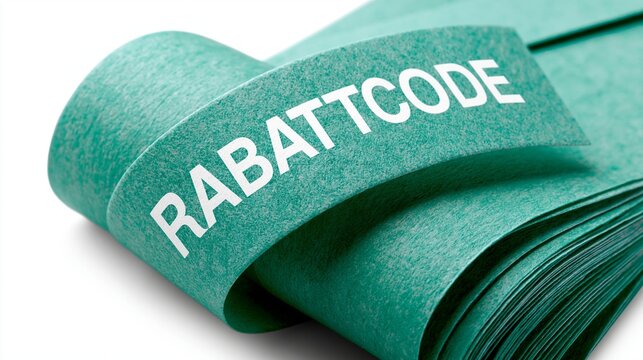 Eine mintgr&uuml;ne Papierrolle mit dem wei&szlig;en Aufdruck &bdquo;RABATTCODE" liegt halb aufgerollt auf wei&szlig;em Hintergrund.
