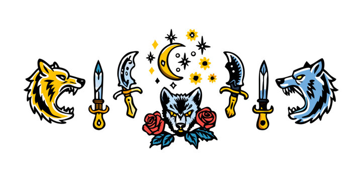 Traditional tattoo style wolves daggers and celestial elements, vector