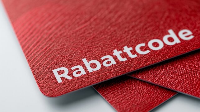 rote strukturierte Karten mit wei&szlig;em Schriftzug &bdquo;Rabattcode" liegen &uuml;bereinander auf wei&szlig;em Hintergrund.