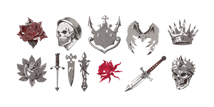 Gothic fantasy collection of skulls roses and weapons, vector