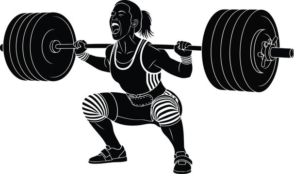 Strong female athlete lifting a heavy barbell doing a squat exercise in a black and white detailed illustration style