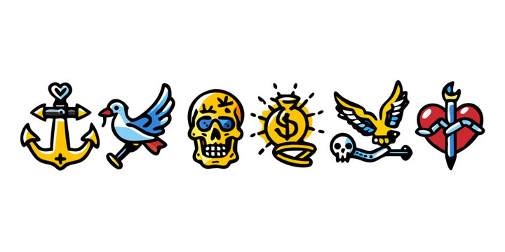 Colorful set of cartoon tattoo style icons, vector