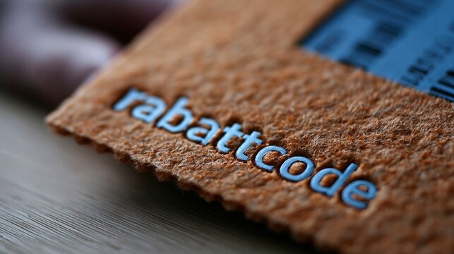 Nahaufnahme einer braunen strukturierten Karte mit eingepr&auml;gtem Schriftzug &bdquo;rabattcode" auf einer Holzoberfl&auml;che.