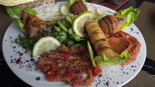 Middle Eastern appetizer platter with hummus, baba ghanoush and traditional mezze selection