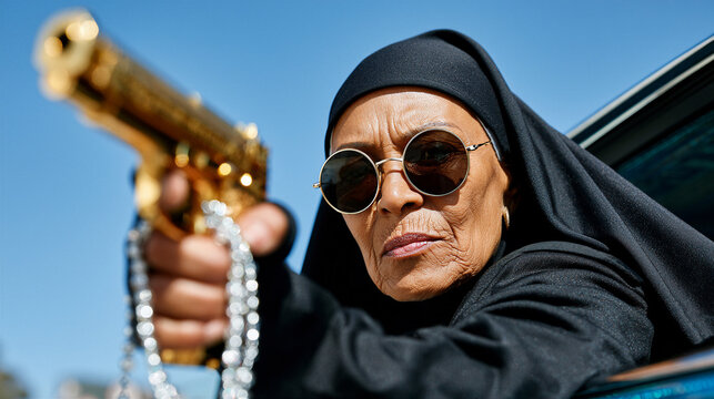 Woman nun wearing sunglasses aiming a golden pistol from a car window. Cinematic portrait of a dangerous character. Action movie style crime scene revenge and suspense drama concept.