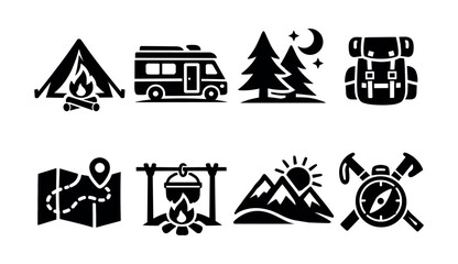 Black camping and adventure icons in a variety of outdoor themes © UnIcons