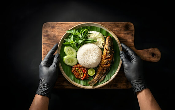 Chef hands presenting crispy fried catfish or pecel lele  served with spicy sambal and fresh vegetables.