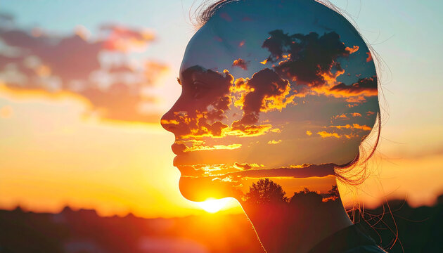 Human profile silhouette  filled with a sunrise  -new beginnings- concept
