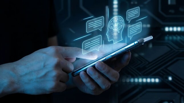 Close up of hand using smartphone with AI chatbot interface and digital communication graphics