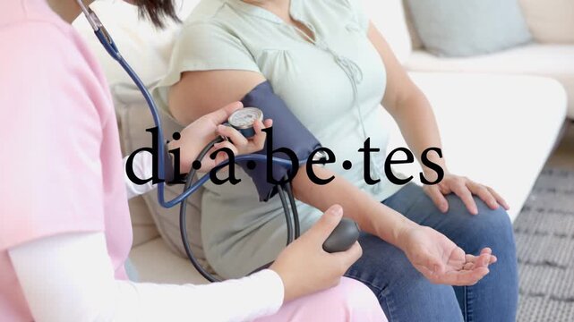 Nurse placing navy cuff, squeezing bulb and causing gauge reading while checking arm for diabetes