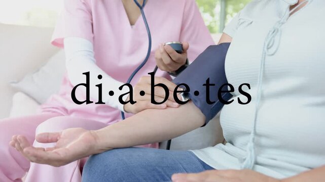 Nurse placing cuff inflating bulb listening and checking BP monitoring diabetes with text appearing