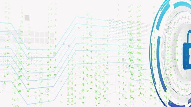 Green binary glyphs falling, padlock HUD glowing while circuits growing toward it, showing security