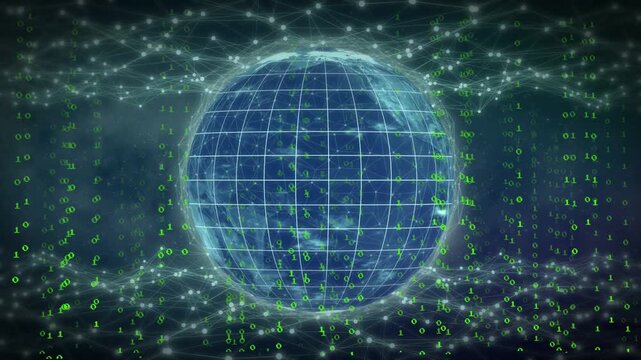 Cyan arc sweeping globe, glowing globe rotating while binary streams rising, showing global network