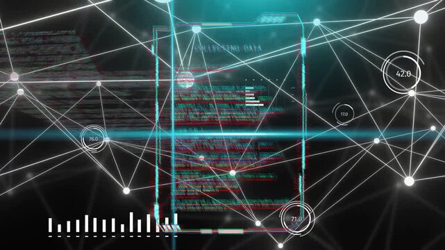 Teal scanline starting scan, central HUD panel revealing code, updating gauges for network mapping