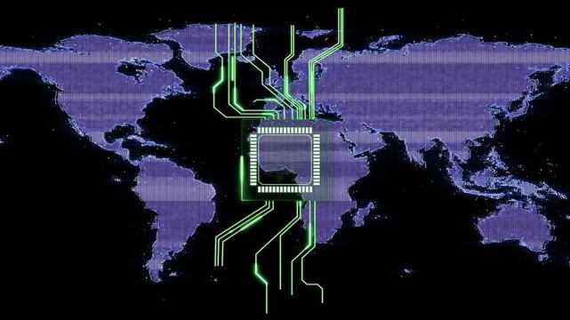 Neon-green reticle pulsing, microchip hub expanding and sending traces, mapping global network