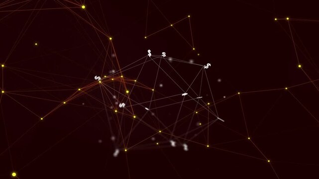 Wireframe cluster appearing left converging rotating pulsing yellow nodes orb moving showing flow