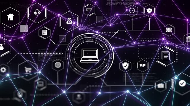 HUD forming triggers central laptop rotating while hex icons pulsing to form connected neon network