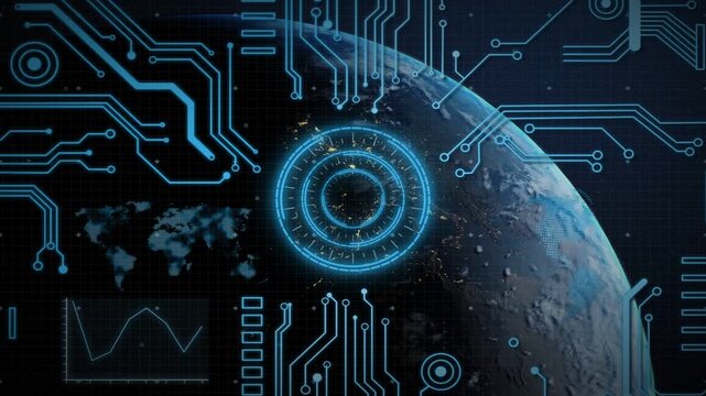 Pulsing HUD near limb initiating orbital scan, planet hemisphere showing neon circuits animating