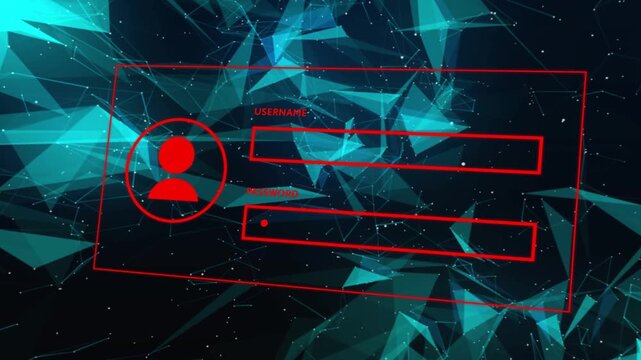 Red login panel fading in then glitching as username growing and password masking, simulating login