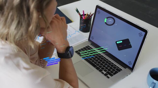 Woman sitting at laptop, progress ring rotating, causing AR streaks, bubble rising to 2