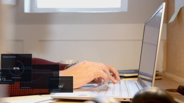 Male hands typing on laptop HUD panels overlaying, expanding to show tech pipeline 81% cap 847
