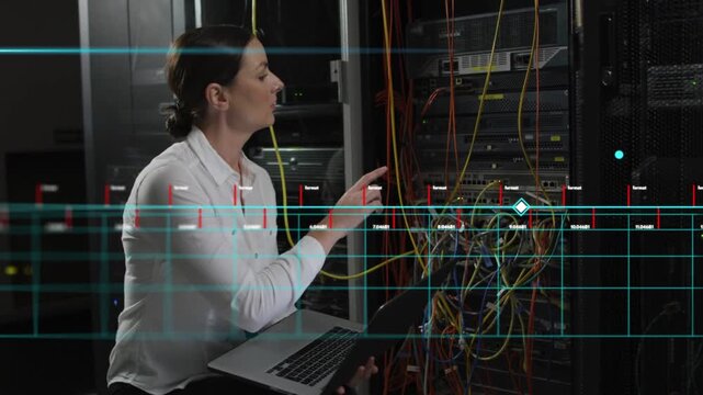 Woman IT tech holding laptop, monitoring readout with AR overlays, reseating cables verifying link