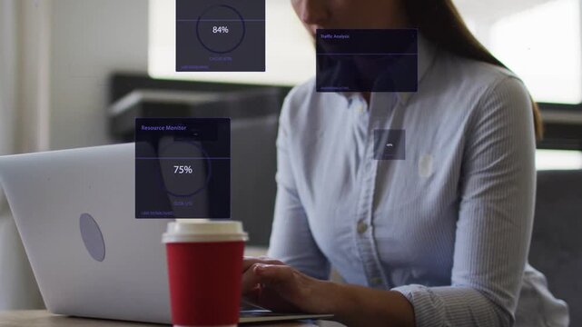 Woman typing on laptop at table, red cup beside, analytics panels stacking, tracking cluster health