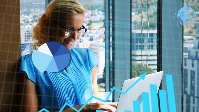 Mature woman analyst typing on laptop by window, activating percent chart overlays analysing data