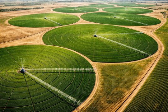 Birds eye shot of crop circles irrigated with center pivot systems