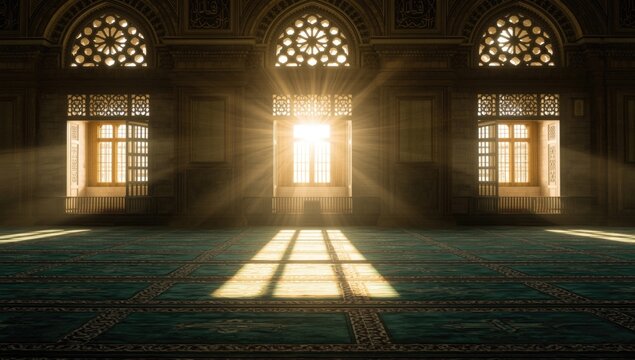 Bright sunlight shining through ornamental windows onto the prayer rugs inside an Islamic mosque