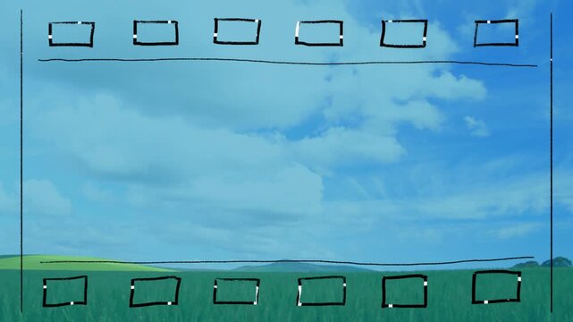 Play starting, pasture shifting right under filmstrip while clouds thinning, showing time passing