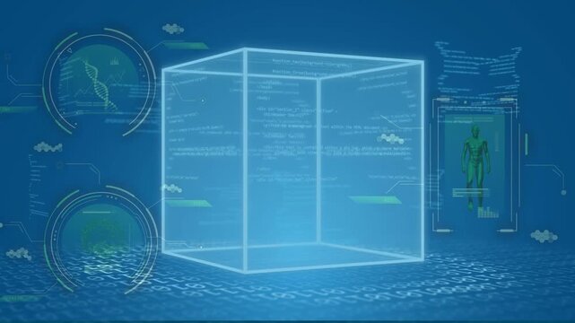 Empty blue plane starting glow wire cube tracing out scaling rotating code scrolling for analysis