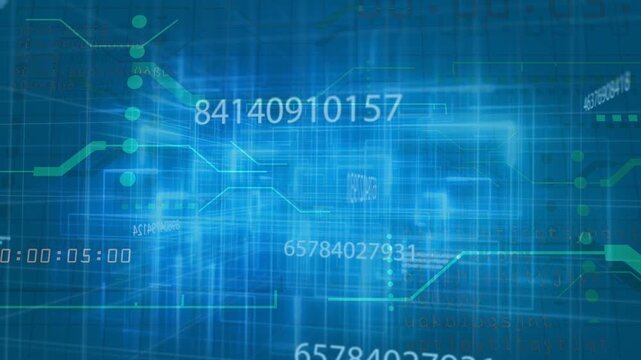 Timecode ticking starting 3D cube forming, numbers shifting, camera zooming revealing data depth