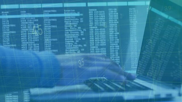 Analyst typing on laptop, pressing keys and causing numeric overlays for data review, settling