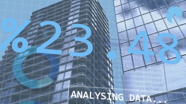 On data load data HUD appearing over balconied tower blue numerals growing to show finance trends