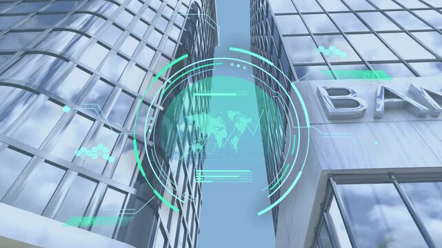 On data feed arrival teal circular HUD rotating, world map shifting, nodes pulsing showing data
