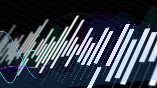 White bars pulsing on audio pulse, colored waves tracing curves and visualizing data peaks