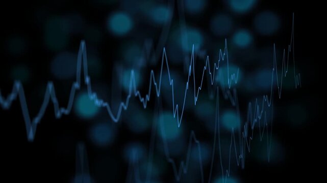 On start abstract visualizer animating cyan bokeh pulsing while waveform rising visualizing sound