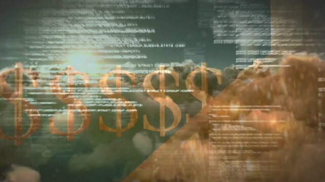 Gold dollar glyphs sliding in from left after sunrise, forming continuous band visualizing finance