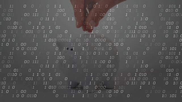 Coin hand entering, releasing into piggy bank while binary digits appear, showing digital savings