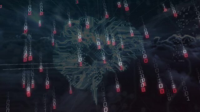 Dark data cloud opening, binary columns falling, core circuit motif clarifying to show diagnostics