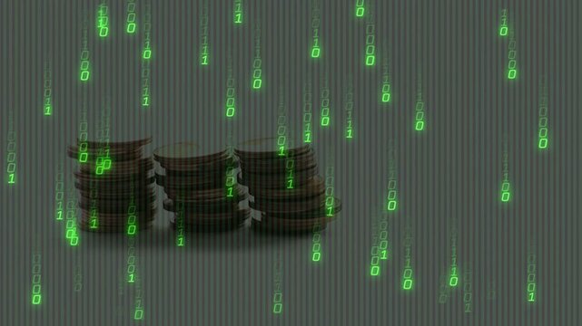 Falling green binary digits starting rain, coin stacks forming and growing, showing digital wealth