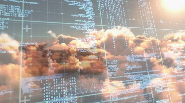 Sun glare brightening, warm cloud bank drifting, HUD overlays cascading cyan code, visualizing data