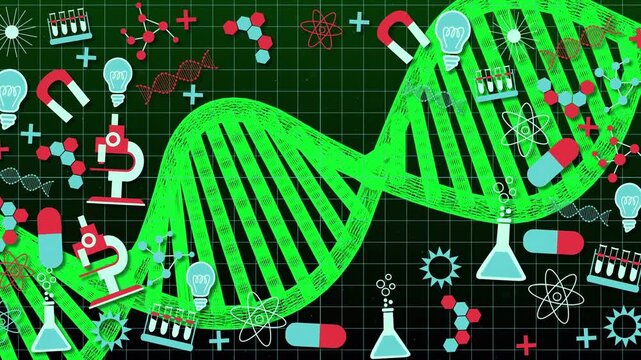 red-white lab icon appearing neon DNA helix uncoiling sweeping right icons popping showing research