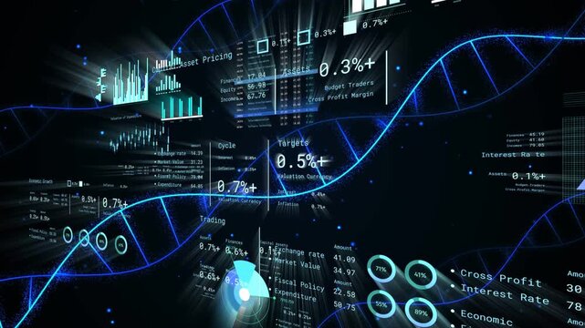 Blue double-helix entering left, sweeping dark data space, threading HUD panels, updating analytics