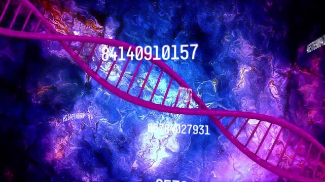 White number fading in, magenta helix shifting and rotating while digits syncing and showing data