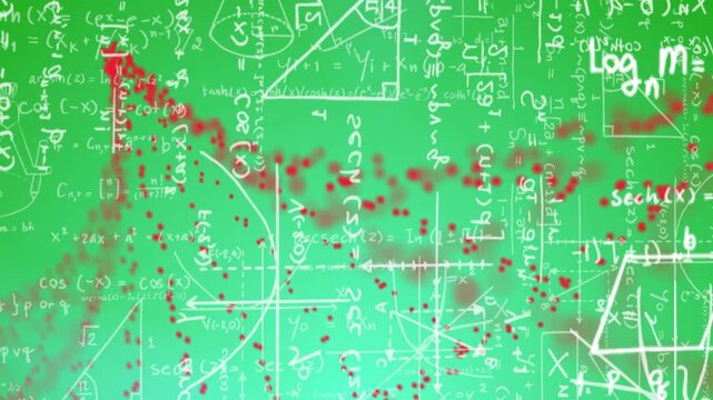 Left origin emitting red dots, green math board plotting clusters into layered curves for functions