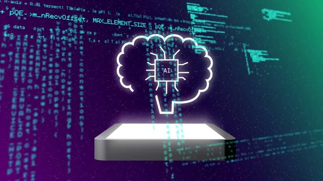 Platform appearing and hovering, outline tracing into AI brain, lines flowing, showing processing