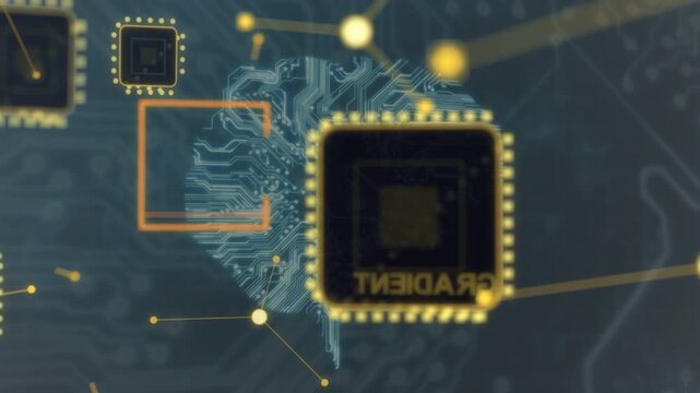 Orange outline appearing, central chip advancing, pulsing, forming brain, showing active processing