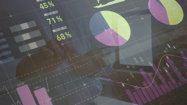 Male analyst tapping and swiping device at desk, updating business data from gauge to pie charts